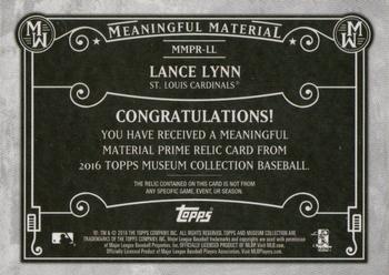 2016 Topps Museum Collection - Meaningful Material Prime Relics Gold #MMPR-LL Lance Lynn Back