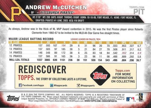 2016 Topps - Baseball Stadium Giveaways #PIT Andrew McCutchen Back