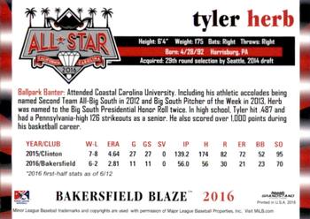 2016 Grandstand California/Carolina League All-Stars #NNO Tyler Herb Back