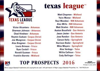2016 Grandstand Texas League Top Prospects #NNO Checklist Back