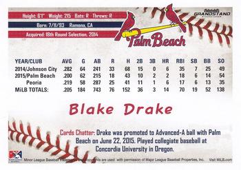 2016 Grandstand Palm Beach Cardinals #NNO Blake Drake Back
