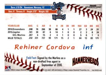2016 Grandstand Jupiter Hammerheads #NNO Rehiner Cordova Back