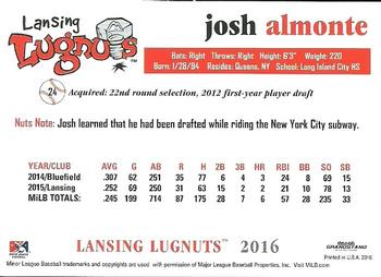 2016 Grandstand Lansing Lugnuts #NNO Josh Almonte Back