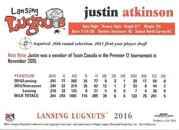 2016 Grandstand Lansing Lugnuts #NNO Justin Atkinson Back