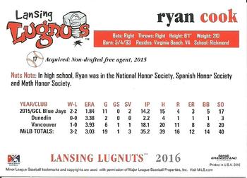 2016 Grandstand Lansing Lugnuts #NNO Ryan Cook Back