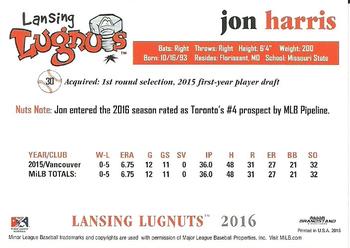 2016 Grandstand Lansing Lugnuts #NNO Jon Harris Back
