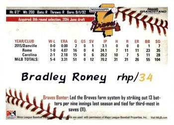 2016 Grandstand Mississippi Braves #NNO Bradley Roney Back