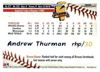 2016 Grandstand Mississippi Braves #NNO Andrew Thurman Back