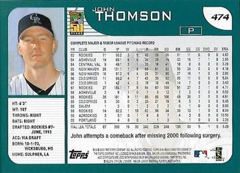 2001 Topps - Home Team Advantage #474 John Thomson Back