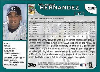 2001 Topps - Home Team Advantage #536 Orlando Hernandez Back