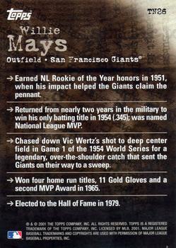 2001 Topps - Noteworthy #TN26 Willie Mays Back
