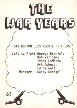 1977 TCMA The War Years #63 Boston Bees Rookie Pitchers (George Barnicle / Ed Carnett / Art Johnson / Frank LaManna / Casey Stengel / Bob Williams) Back