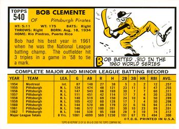 2001 Topps - Through the Years Reprints #19 Bob Clemente Back