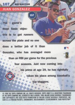 1999 Finest - Refractors #107 Juan Gonzalez Back