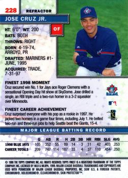 1999 Finest - Refractors #228 Jose Cruz Jr. Back