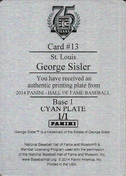 2014 Panini Hall of Fame 75th Year Anniversary - Green Frame (Base 1) Printing Plates Cyan #13 George Sisler Back