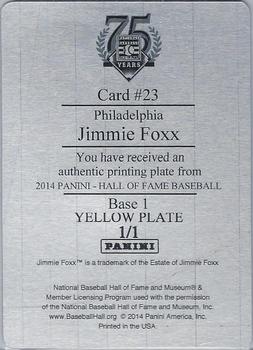 2014 Panini Hall of Fame 75th Year Anniversary - Green Frame (Base 1) Printing Plates Yellow #23 Jimmie Foxx Back