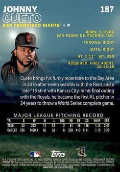 2016 Stadium Club - First Day Issue #187 Johnny Cueto Back