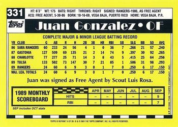 2001 Topps - Future Archives Rookie Reprints #14 Juan Gonzalez Back