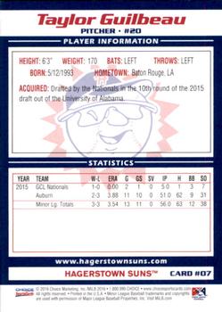 2016 Choice Hagerstown Suns #07 Taylor Guilbeau Back