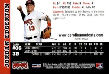 2016 Choice Carolina Mudcats #06 Jordan Edgerton Back