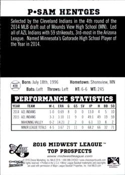 2016 Choice Midwest League Top Prospects #20 Sam Hentges Back