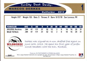 2013 Grandstand Tri-City Dust Devils #NNO Marcos Derkes Back