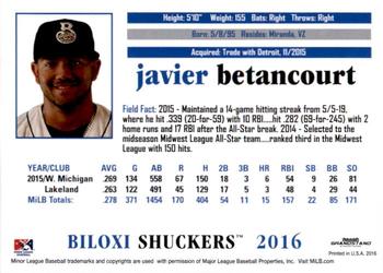 2016 Grandstand Biloxi Shuckers #NNO Javier Betancourt Back