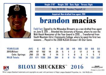 2016 Grandstand Biloxi Shuckers #NNO Brandon Macias Back