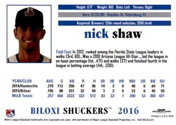 2016 Grandstand Biloxi Shuckers #NNO Nick Shaw Back