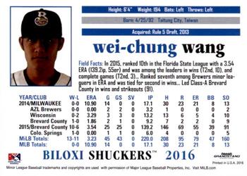 2016 Grandstand Biloxi Shuckers #NNO Wei-Chung Wang Back