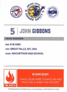 2016 Toronto Blue Jays Fire Safety #NNO John Gibbons Back