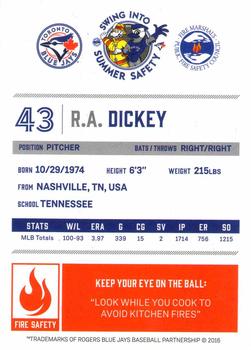 2016 Toronto Blue Jays Fire Safety #NNO R.A. Dickey Back