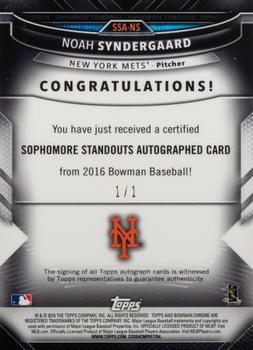 2016 Bowman - Sophomore Standouts Autographs Superfractor #SSA-NS Noah Syndergaard Back