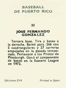 1972 Puerto Rican Winter League Stickers #33 Fernando Gonzalez Back