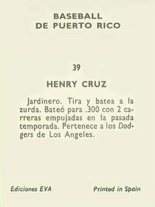 1972 Puerto Rican Winter League Stickers #39 Henry Cruz Back