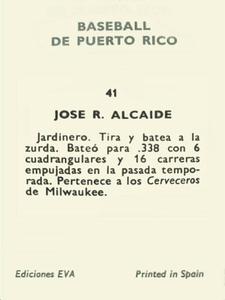 1972 Puerto Rican Winter League Stickers #41 Jose Alcaide Back