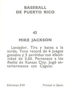 1972 Puerto Rican Winter League Stickers #43 Mike Jackson Back