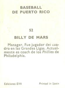 1972 Puerto Rican Winter League Stickers #52 Billy DeMars Back