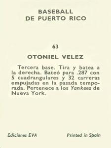 1972 Puerto Rican Winter League Stickers #63 Otoniel Velez Back