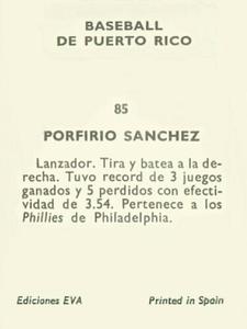 1972 Puerto Rican Winter League Stickers #85 Porfirio Sanchez Back