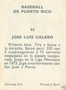 1972 Puerto Rican Winter League Stickers #93 Jose Caleros Back