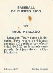 1972 Puerto Rican Winter League Stickers #109 Raul Mercado Back