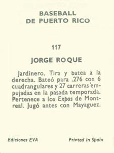1972 Puerto Rican Winter League Stickers #117 Jorge Roque Back