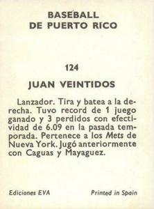 1972 Puerto Rican Winter League Stickers #124 Juan Veintidos Back