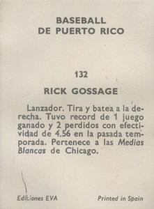1972 Puerto Rican Winter League Stickers #132 Rick Gossage Back