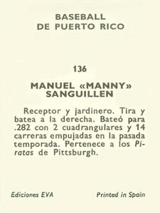 1972 Puerto Rican Winter League Stickers #136 Manny Sanguillen Back