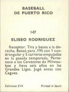1972 Puerto Rican Winter League Stickers #147 Eliseo Rodriguez Back