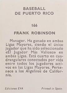 1972 Puerto Rican Winter League Stickers #166 Frank Robinson Back