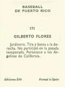 1972 Puerto Rican Winter League Stickers #171 Gilberto Flores Back